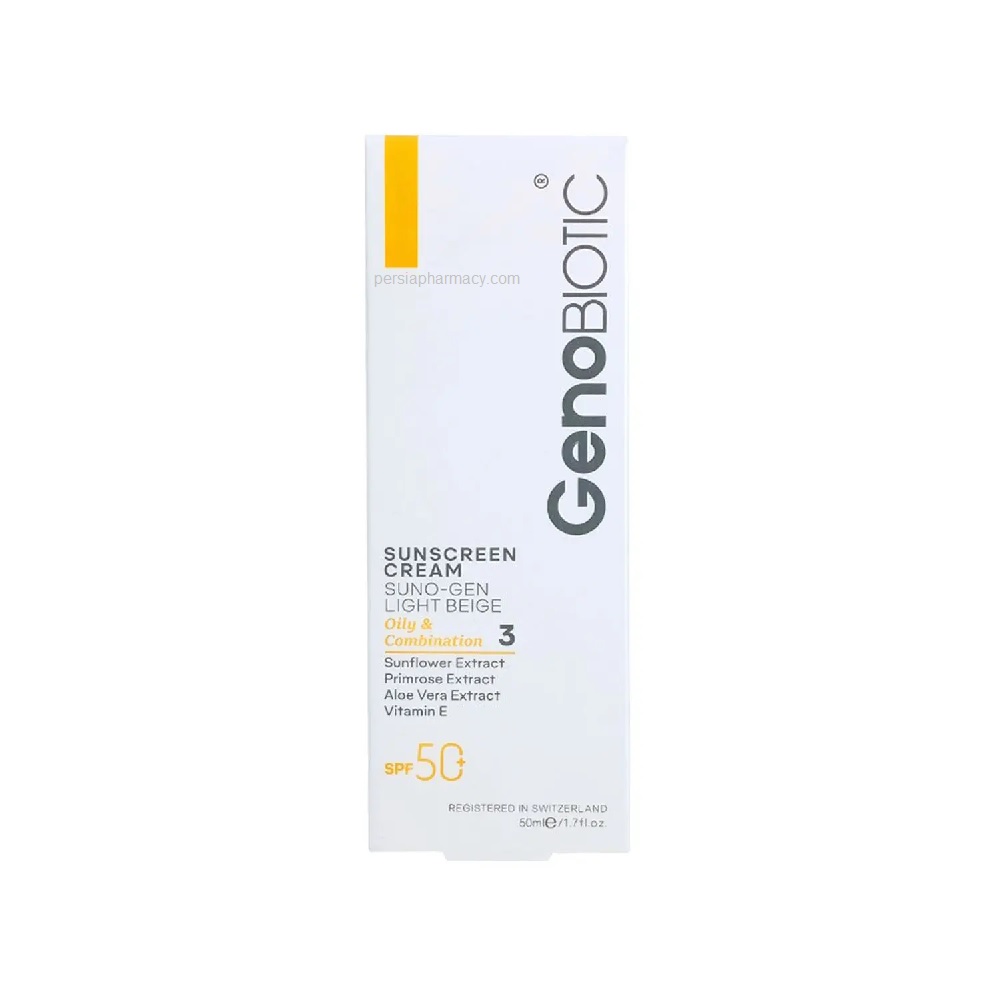 روشن1 کرم ضد آفتاب ژنوبایوتیک پوست چرب SPF50 با بافت سبک، کنترل چربی و محافظت در برابر UVA و UVB